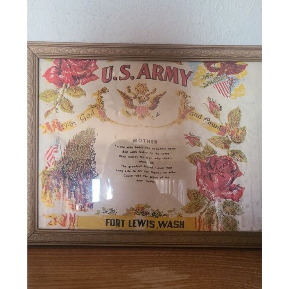 Vintage US Army Fort Lewis WA Military Homefront Mother Framed Cloth - Picture 1 of 8